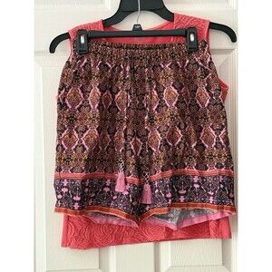 Pink Coral Tank Top + Boho Bohemian Floral Paisley Shorts Set Size 12 Women’s